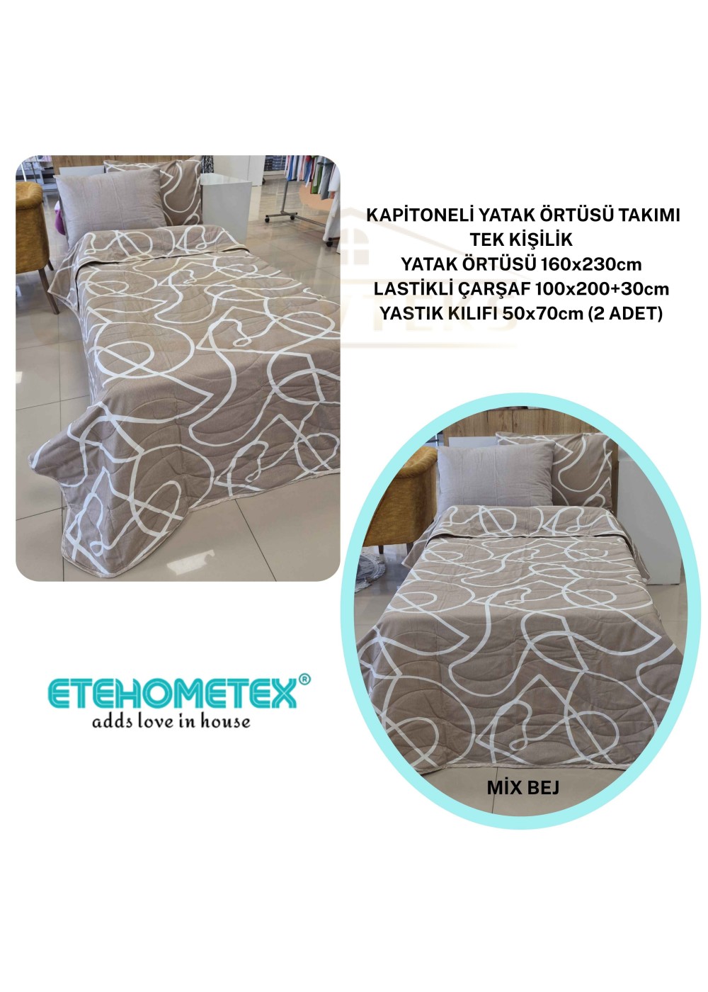 ETEHOMETEX Pamuklu Kapitoneli Yatak Örtüsü TAKIMI TEK KİŞİLİK MİX BEJ 8696474232124